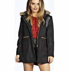 Eve Faux Fur Trim Hood PU Trim Duffle Coat -