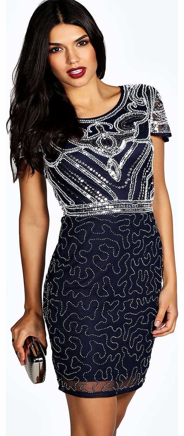 Evelyn Hand Beaded Shift Dress - navy azz18341