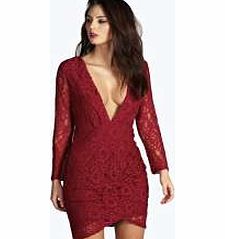 boohoo Eyelash Lace Wrap Skirt Bodycon Dress - berry