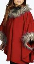 boohoo Faux Fur Trim Cape - red azz14289