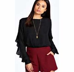 boohoo Fiona Ruffle Sleeve Open Back Blouse - black