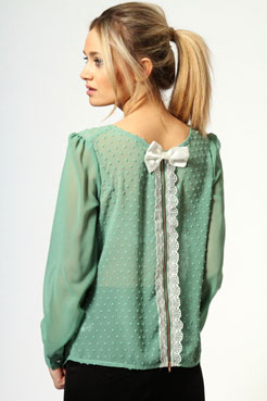 Iris Chiffon Spot Blouse With Lace And Bow Back