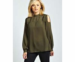 boohoo Jacey Open Shoulder High Neck Long Sleeve Blouse