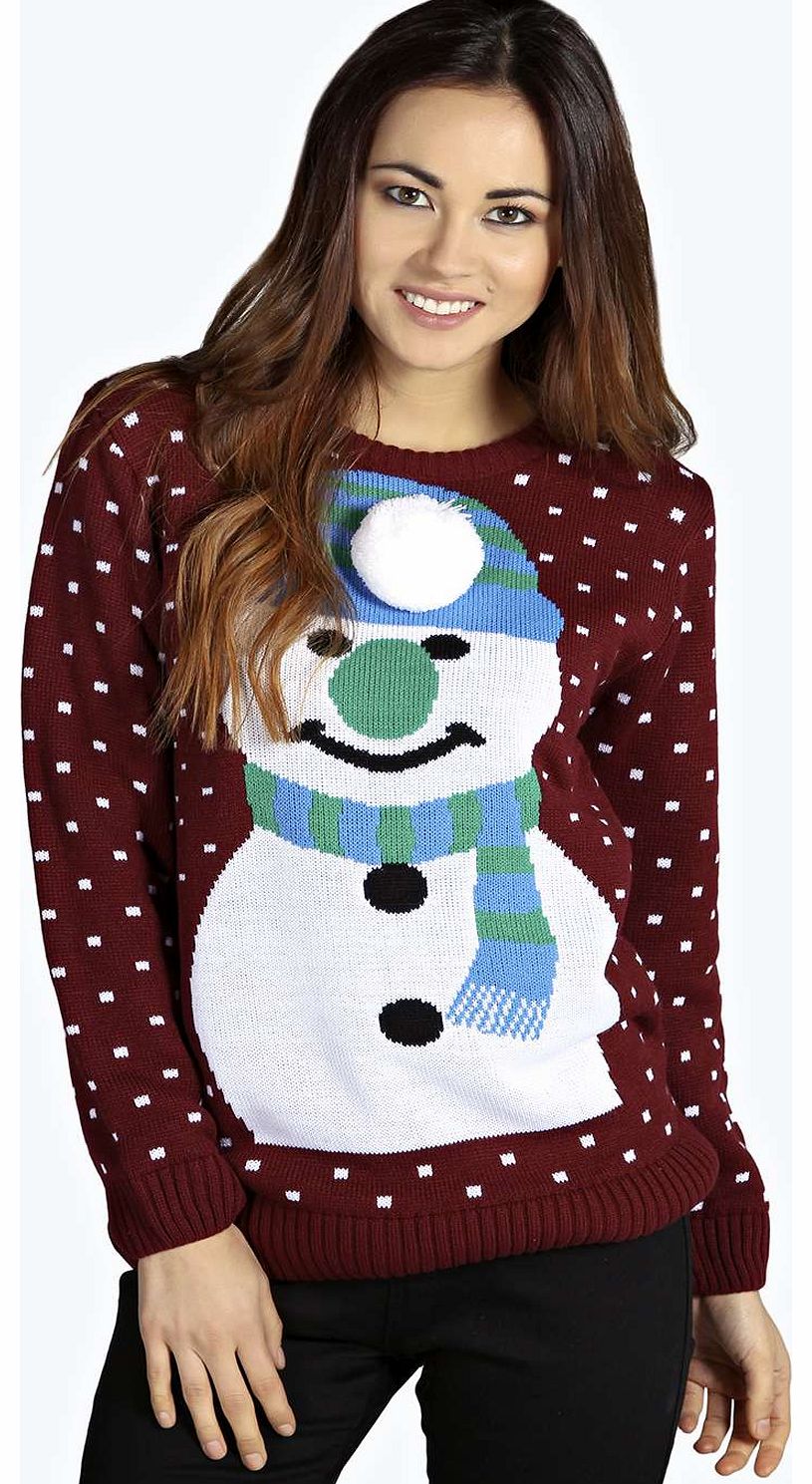 Jaimie Snowman Pom Pom Jumper - wine azz14259