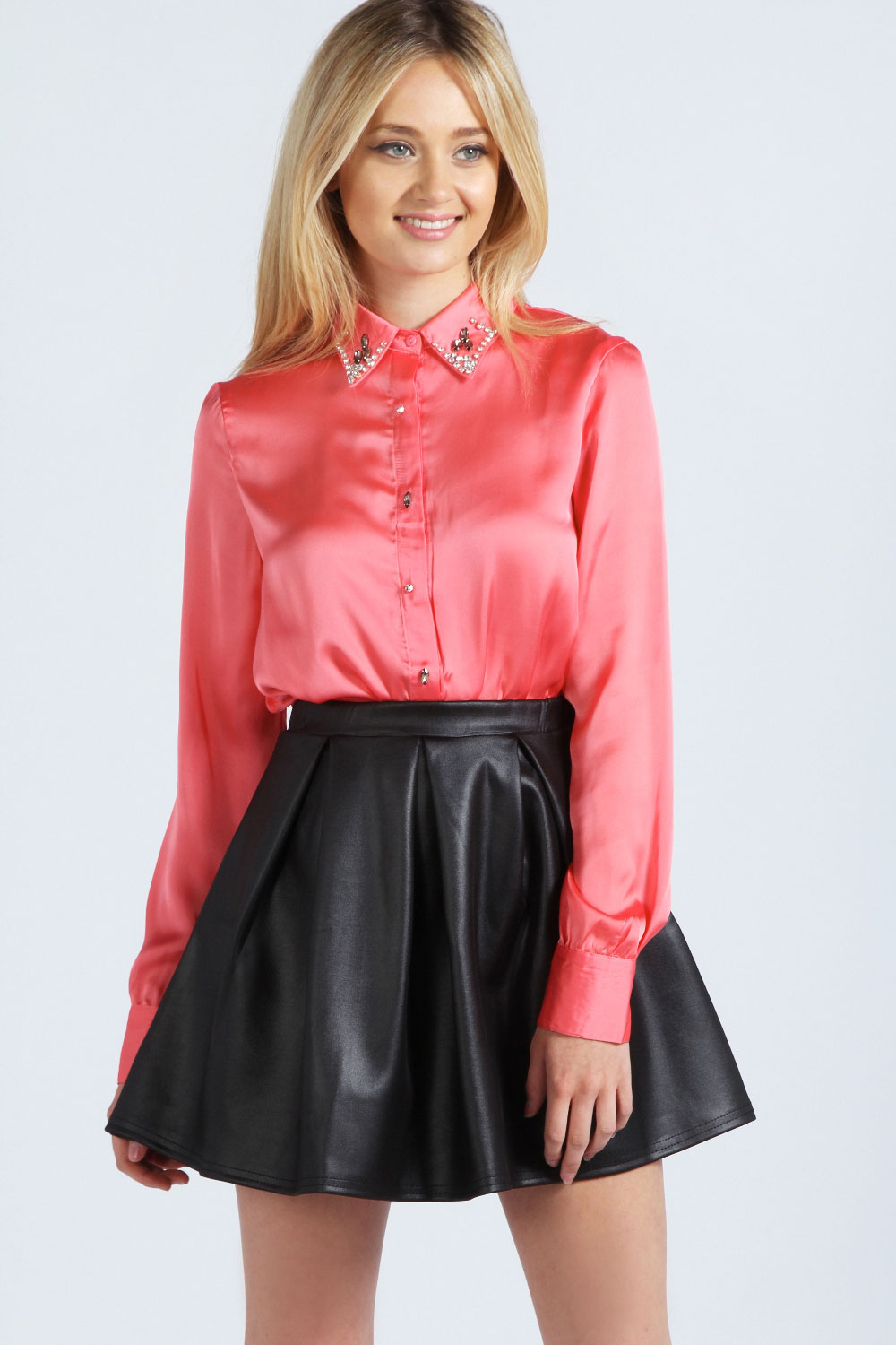 boohoo Jess Diamante Collar Woven Blouse - coral