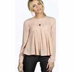 boohoo Kat Pleated Long Sleeve Blouse - nude azz24308