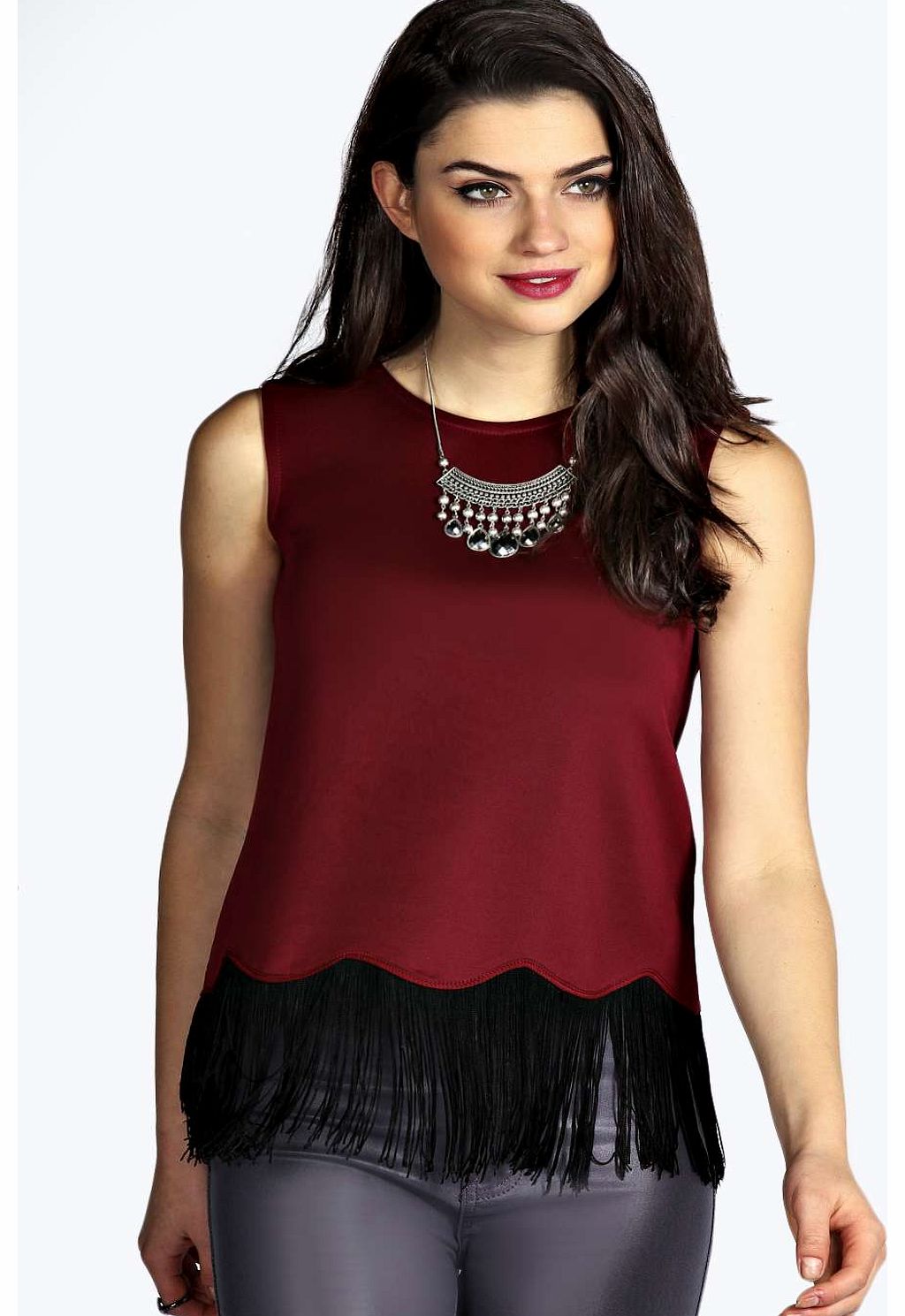 Keely Sleeveless Scallop Edge Tassle Trim Top -