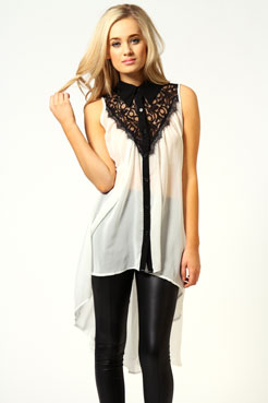 boohoo Kim Button Through Lace Insert Fishtail Blouse