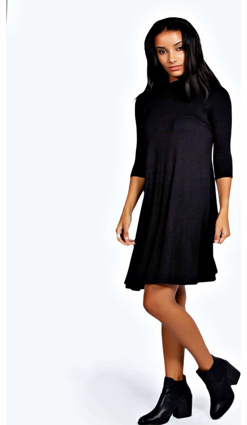 Kimmy Turtle Neck 3/4 Sleeve Swing Dress - black