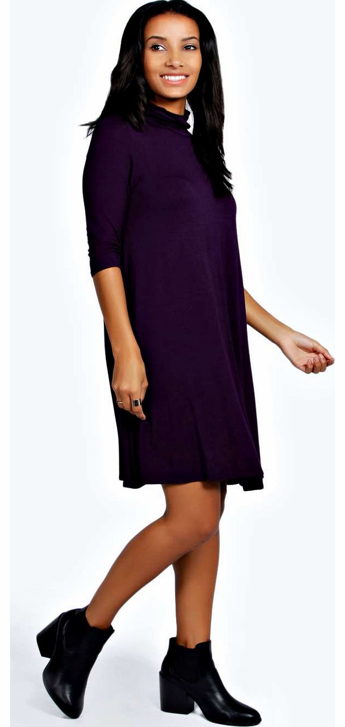 Kimmy Turtle Neck 3/4 Sleeve Swing Dress - grape