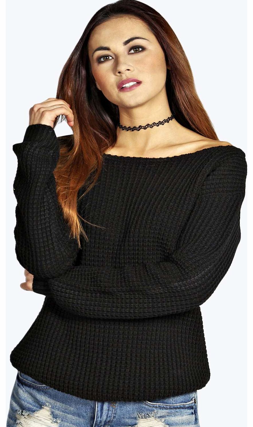 Krista Holly Slash Neck Waffel Jumper - black