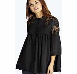 boohoo Lace Insert Button Through Blouse - black azz20310