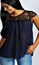boohoo Lace Trim Chiffon Blouse - navy azz49604