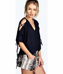 boohoo Lace Up Sleeve V Neck Blouse - navy azz20378