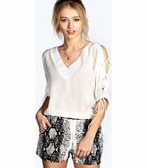 boohoo Lace Up Sleeve V Neck Blouse - white azz20378