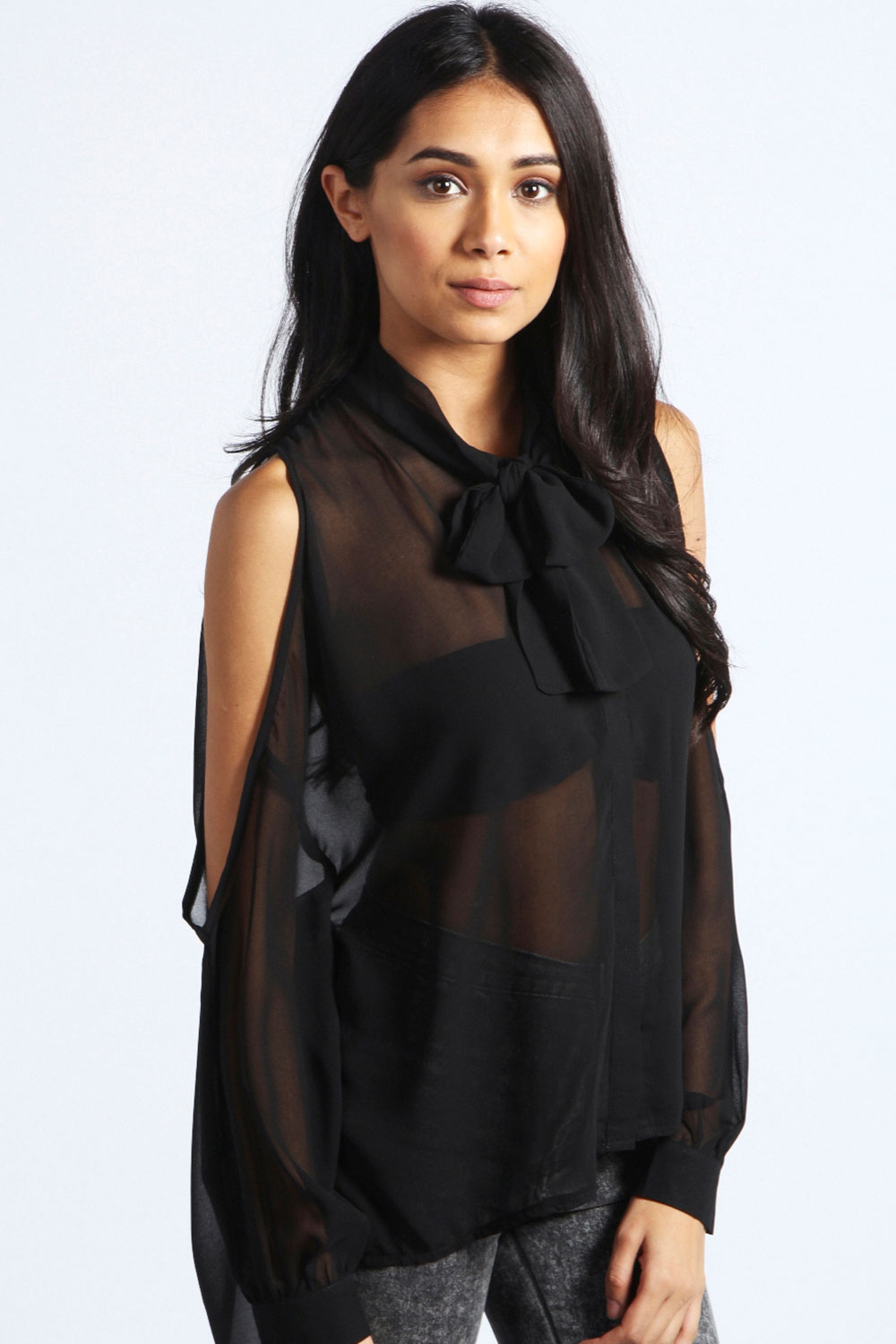 boohoo Lauren Cut Out Shoulder Pussy Bow Blouse