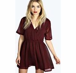 Leah Wrap Over Chiffon Skater Dress - berry