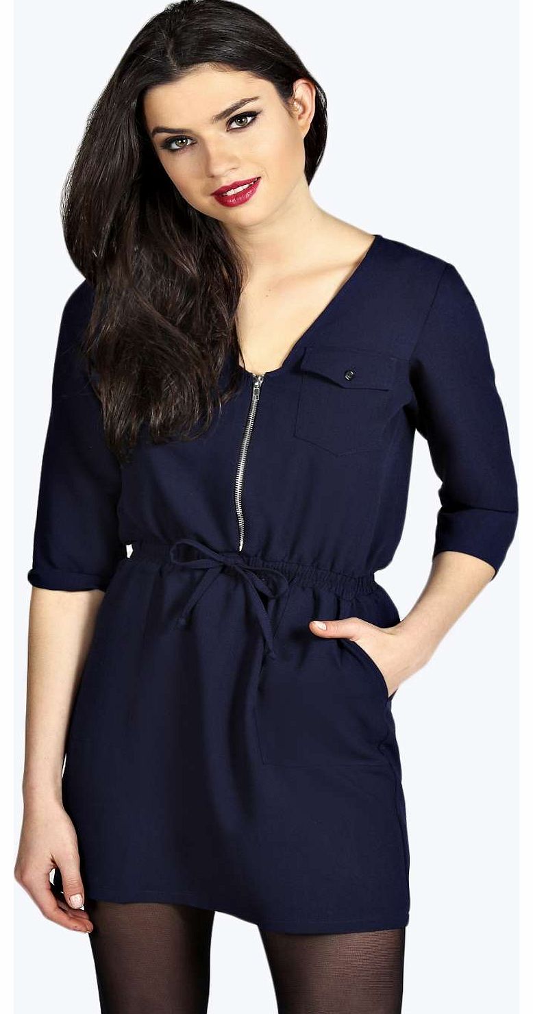 Leanne Zip Front Skater Dress - navy azz16414