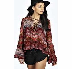 boohoo Lesley Bell Sleeve Printed Tie Front Blouse -