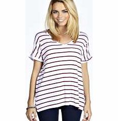 Lilly Stripe Oversized V Neck Tee - burgundy
