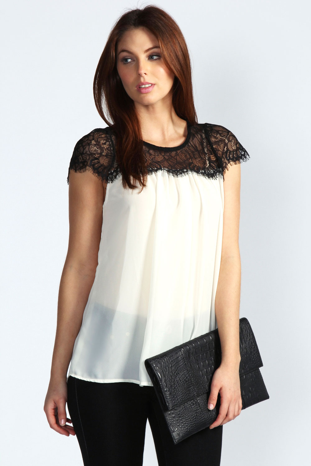 boohoo Lydia Lace Trim Chiffon Blouse - cream