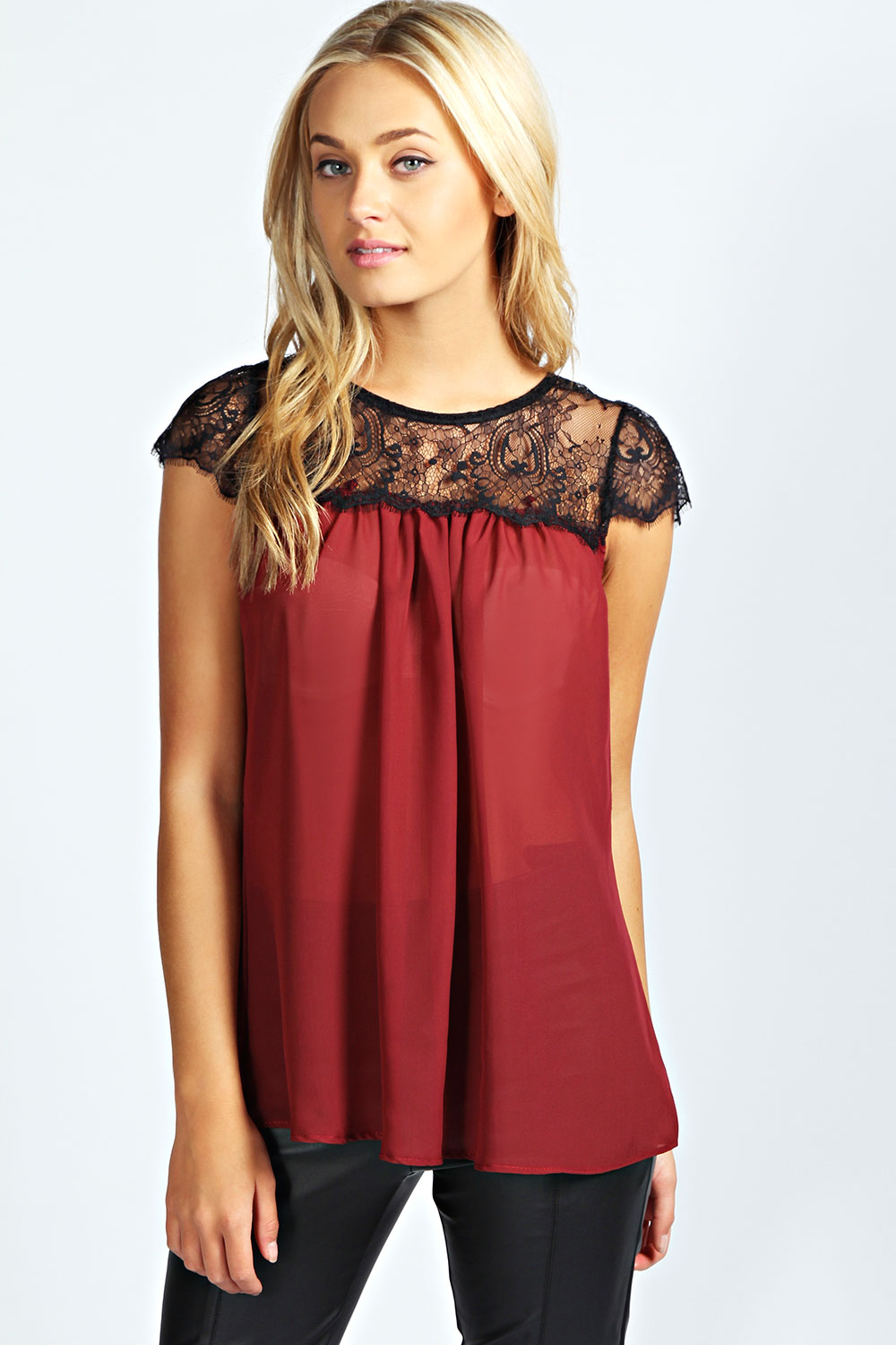 boohoo Lydia Lace Trim Chiffon Blouse - wine