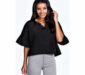 boohoo Lyndsey Angel Sleeve Studded V Neck Blouse -