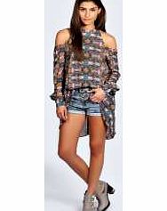 boohoo Malia Printed High Neck Cut Out Shoulder Blouse