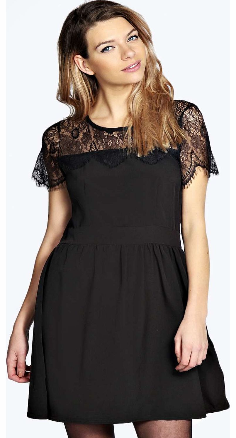 Marriet Eyelash Lace Skater Dress - black azz18773