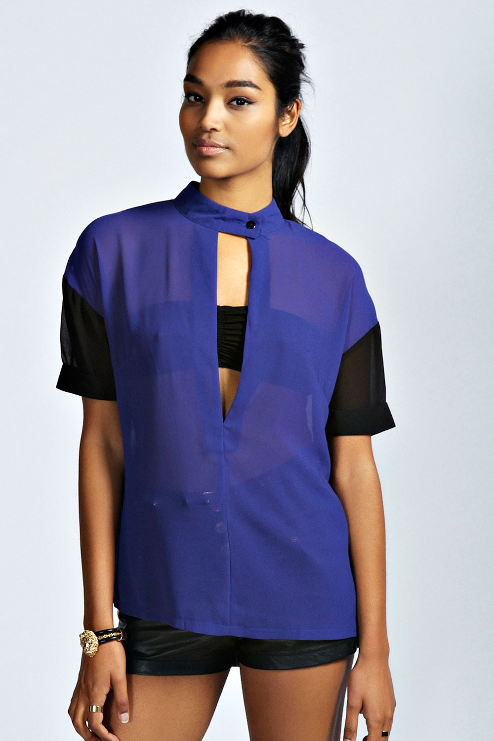 boohoo Megan Open Front Contrast Short Sleeve Blouse -