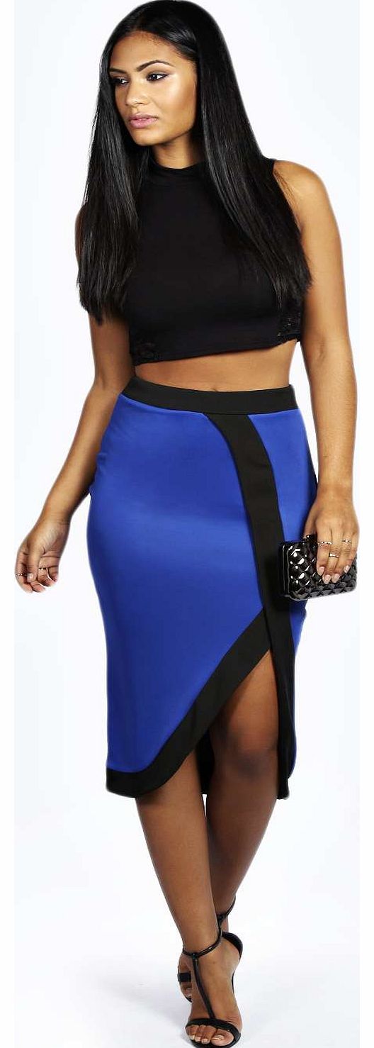 Mia Asymmetric Block Edge Scuba Midi Pencil