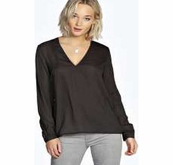 boohoo Mia Long Sleeved Deep V Blouse - black azz20364