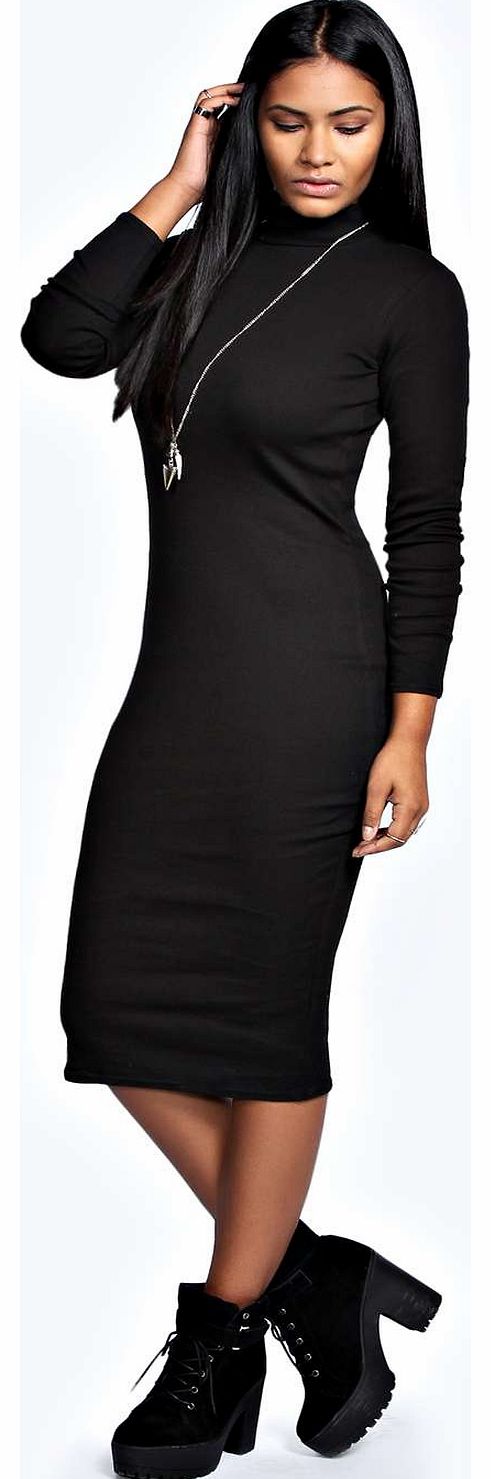 Monica Ribbed Turtle Neck Midi Dress - black