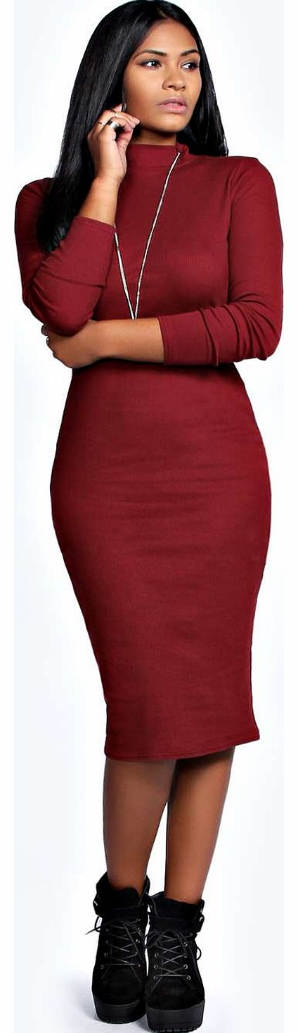 Monica Ribbed Turtle Neck Midi Dress - wine