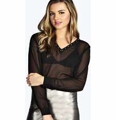 boohoo Natasha Deep Plunge Eyelet Sheer Blouse - black