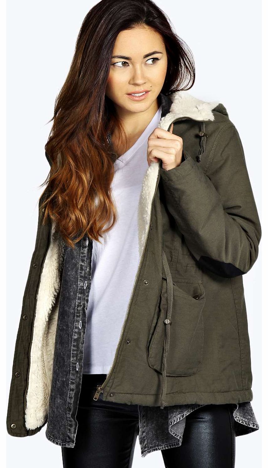 Natasha Elbow Patch Parka Sherpa Lined Hood -