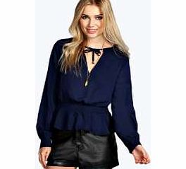 boohoo Olivia V Neck Elasticated Waist Blouse - navy