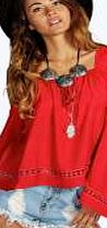 boohoo Open Shoulder Crochet Trim Peasant Blouse - red