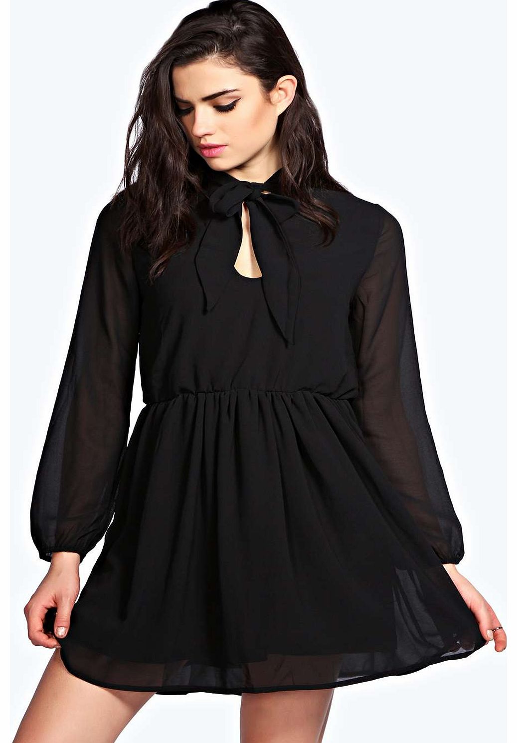 Patty Pussy Bow Chiffon Skater Dress - black