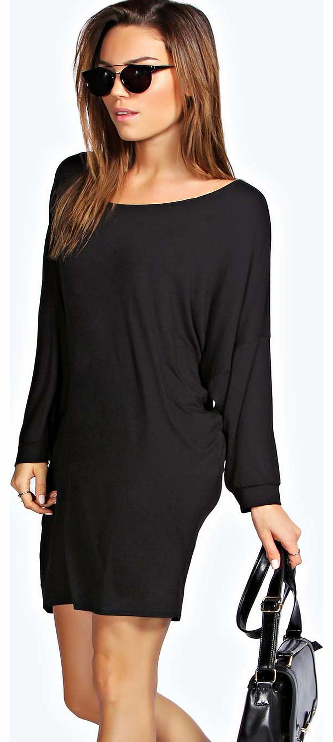 Penelope Slash Neck Batwing Sleeve Dress - black