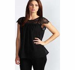 boohoo Petite Lydia Lace Trim Chiffon Blouse - black