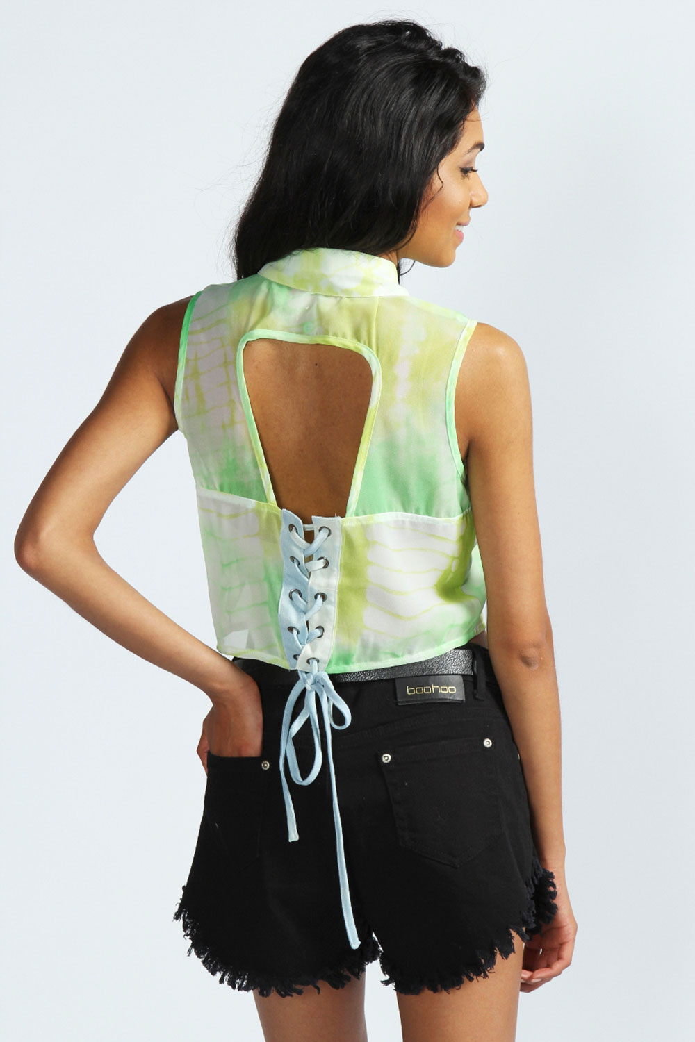 boohoo Poppy Tie Dye   Denim Tie Back Blouse -