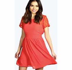 Raina Lace Sleeve Tie Back Skater Dress - red