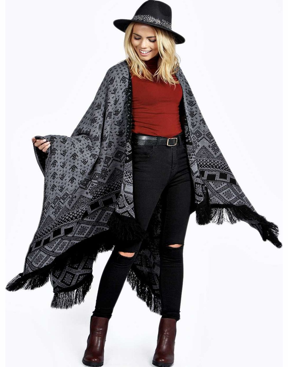 Rosie Nordic Print Tassel Blanket Cape - grey