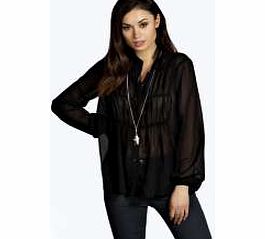 boohoo Ruched Bib Detail Long Sleeve Blouse - black