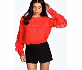 boohoo Ruffle Sleeve Open Back Blouse - red azz25764