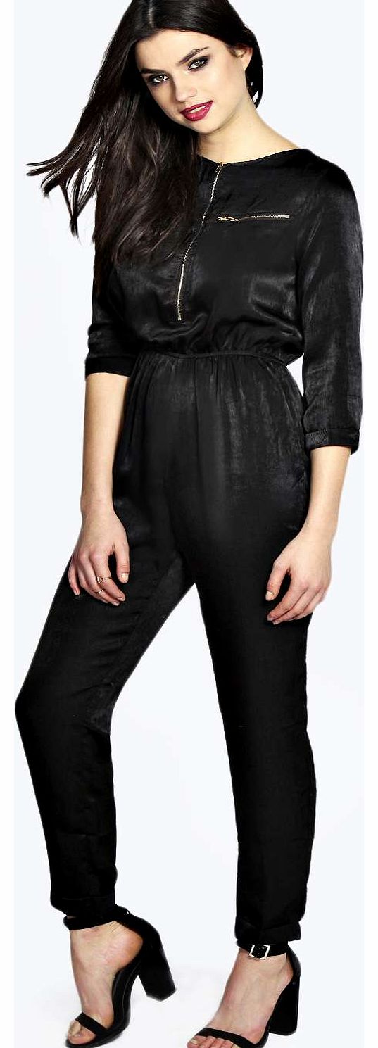 Samantha Zip Detail Satin Woven Jumpsuit - black