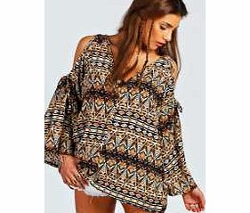 boohoo Sienna Aztec Print Cut Out Shoulder Blouse -