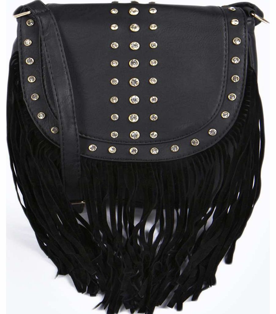 boohoo Sienna Stud and Tassel Cross Body Saddle Bag -