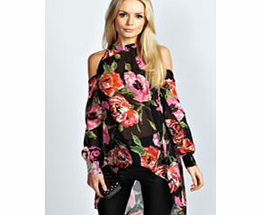 boohoo Sophia High Neck Cut Out Shoulder Floral Blouse